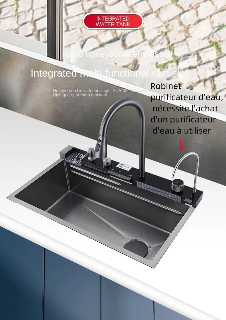 304 Stainless Steel Waterfall Kitchen Sink with Digital Display Faucet & Accessories