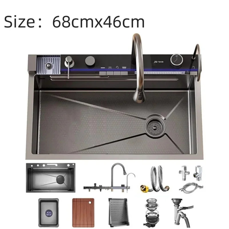 304 Stainless Steel Waterfall Kitchen Sink with Digital Display Faucet & Accessories